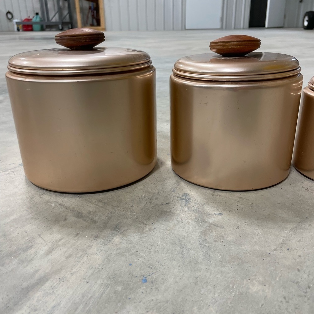 Vintage Mirro Aluminum Rose Gold Copper Canister Set of 3 Nesting MCM Wood Knob - Picture 2 of 7
